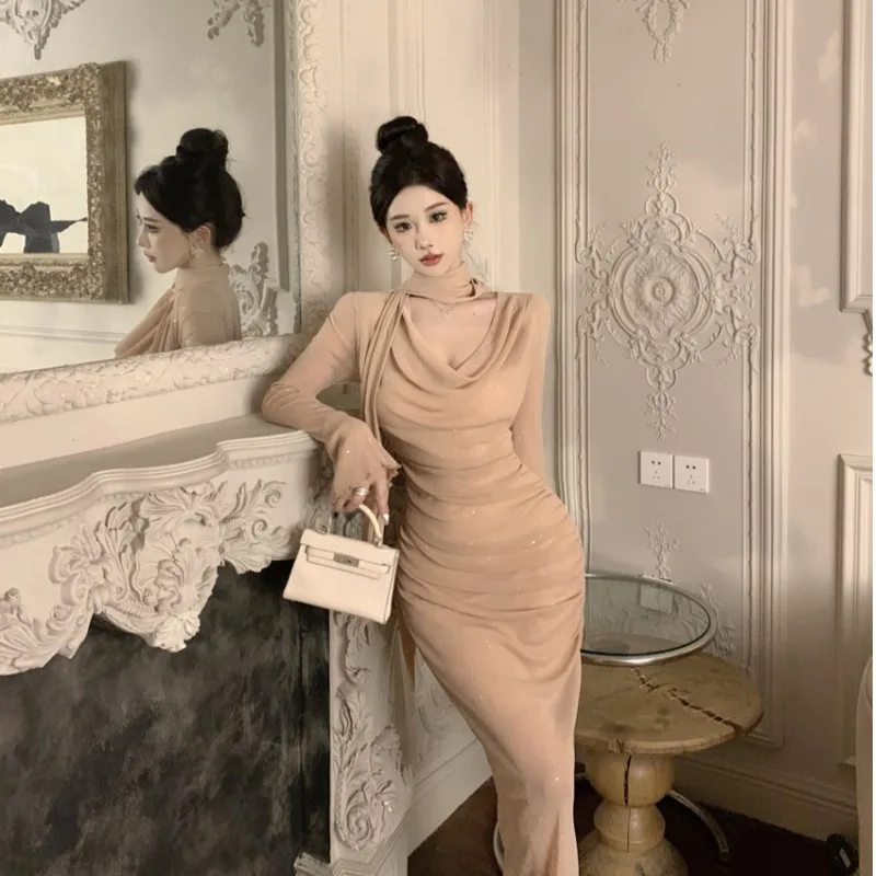 Noeud amincissant ceinturé cloche Sve Midi Dr coréen Sle a-ligne Dr pour les déplacements couleur Pure automne femmes Dr