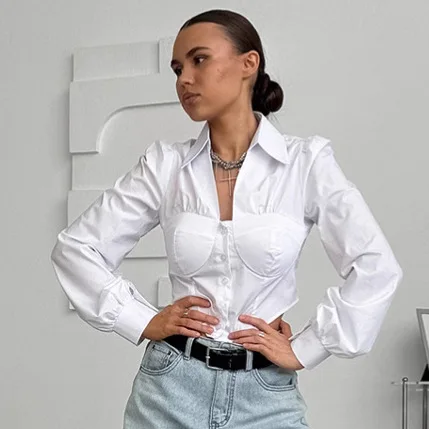 

Новая женская белая блузка с отложным воротником и пышными рукавами, приталенная, модная, с пэчворком, осенняя, на одной пуговице, короткая рубашка 2026 года