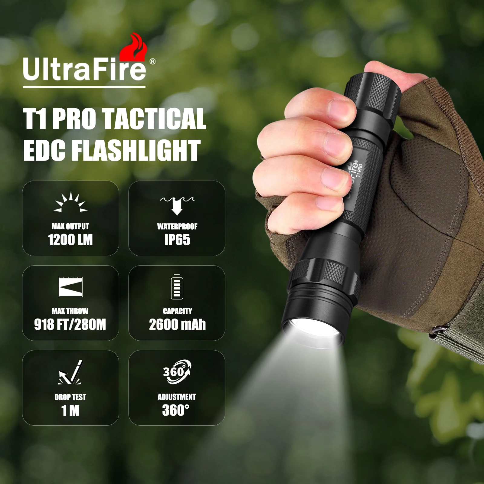 UltraFire T1 Pro Army Tactical LED Flashlight 1200LM Powerful Rechargeable Torch Light Outdoor Military Police Lamp with Holster