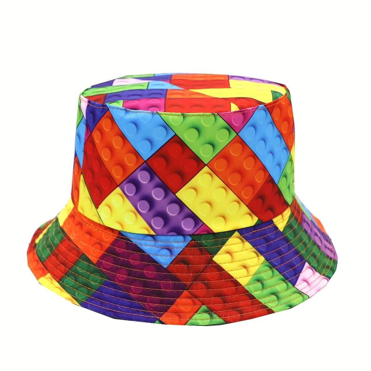 Bucket Hat with Colorful Building Blocks Pattern Vibrant Summer Casual Hat for Women Streetwear Hip-Hop Style Polyester