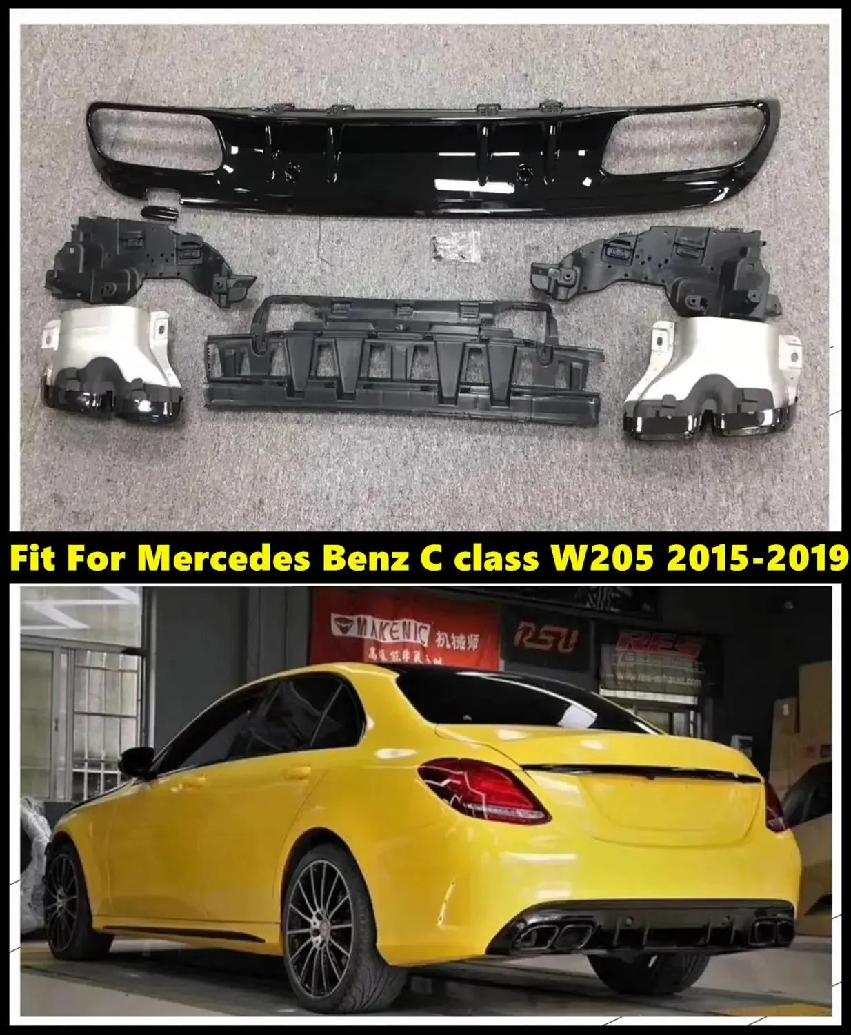 New! Car Rear Bumper Diffuser With Black/Silver Exhaust Pipes Fit For Mercedes Benz C-class W205 C63s Style C200 C300 2015-2019