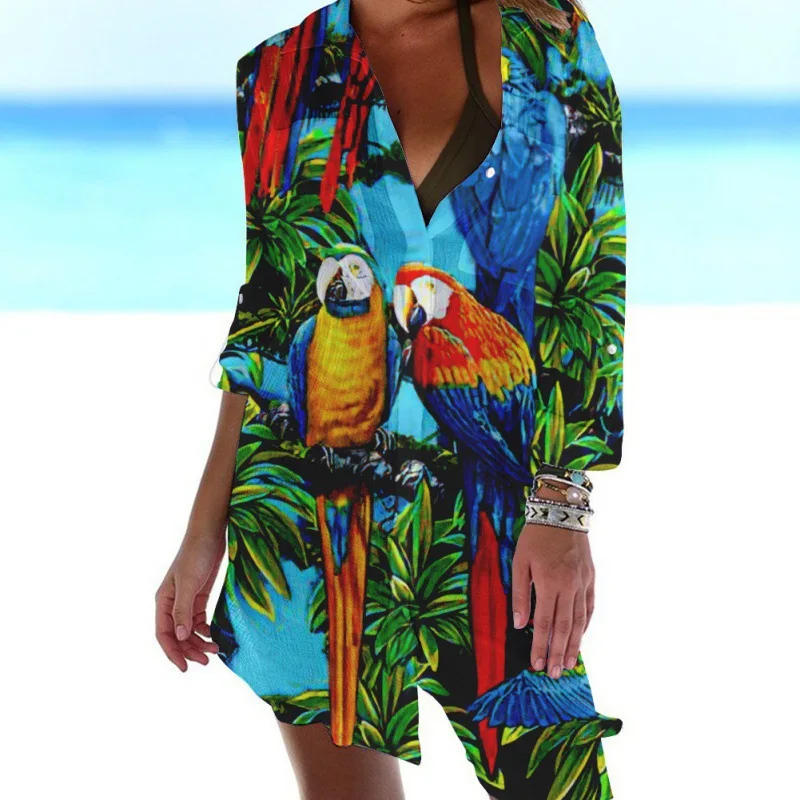 Summer Hawaiian Blouses Parrot 3D Print Women Long Sleeve Blusas Mid-length Shirts Buttons Shirt Beach Blouse Woman Pocket Tops