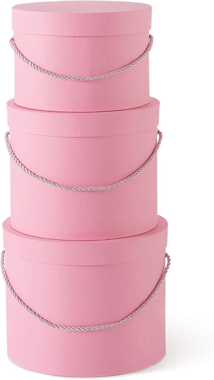 

Набор из 3 больших круглых подарочных коробок с крышками и ручками из веревки, из розовой текстурированной бумаги, для букетов и композиций