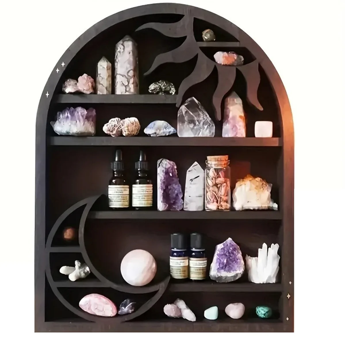 

Wood Storage Shelf - Stylish and Practical Wall Shelf, Crescent Sun and Moon Crystal Shelf