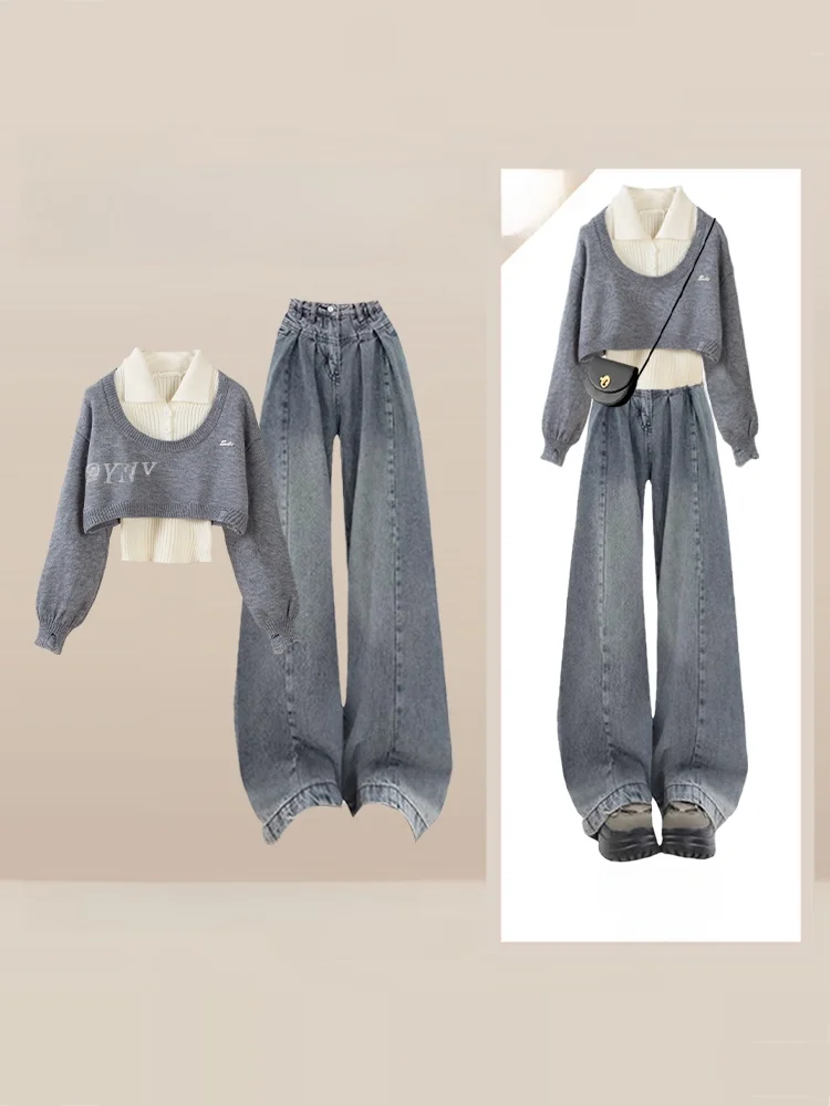 

Корейский вязаный свитер и джинсы с широкими штанинами: женский зимний модный комплект для стройности, повседневный зимний наряд с высокой талией