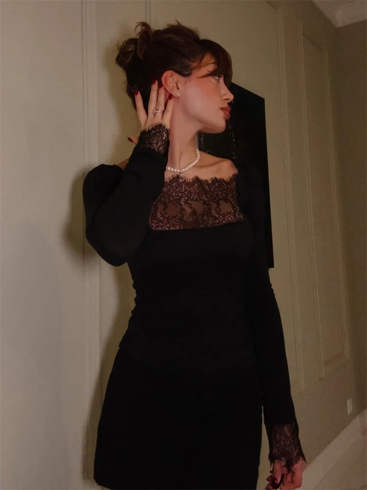 Tossy Zwart Kant Sexy Mini Jurk Vrouwen Doorzichtige Lange Mouw Patchwork Slanke Pendelen Feestjurk Vrouwelijke Zomer Bodycon Jurk