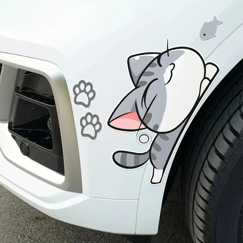 

1PC Gray White Cartoon Cat Sticker Paw Prints Fish Pattern Decorative Decal For Car Vehicle Accessories
