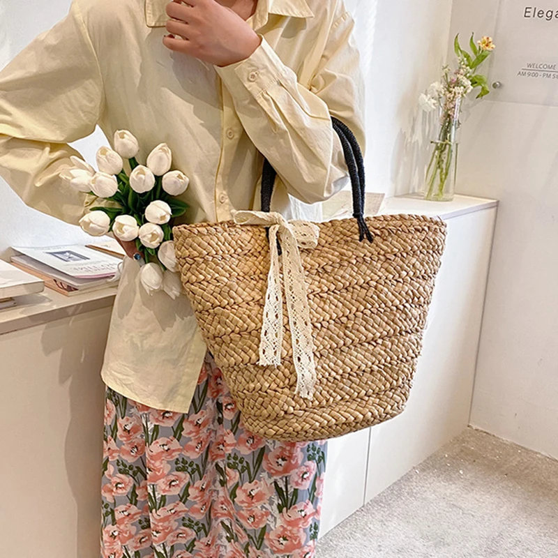 Korean Style Ins Large Capacity Straw Woven Bag Versatile And Simple Portable Natural Grass Handmade Woven Bag For Women Vacatio