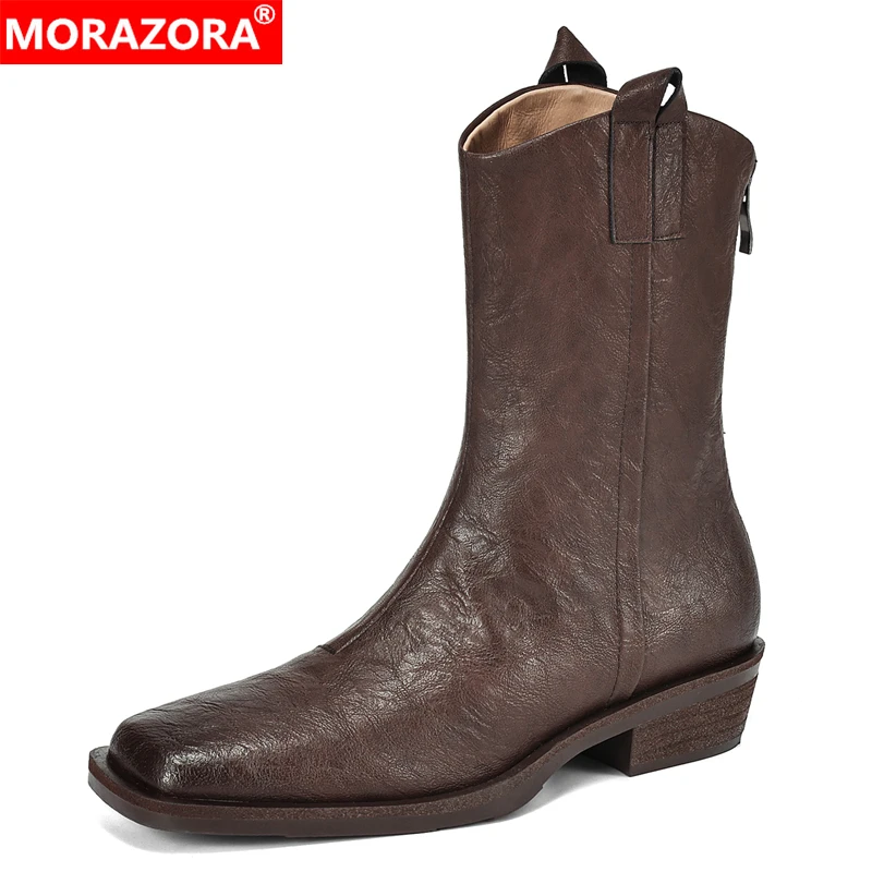 

MORAZORA INS New Genuine Leather Western Boots Women Handmade Autumn Winter Zipper Cowboy Western Boots Short Ankle Booties
