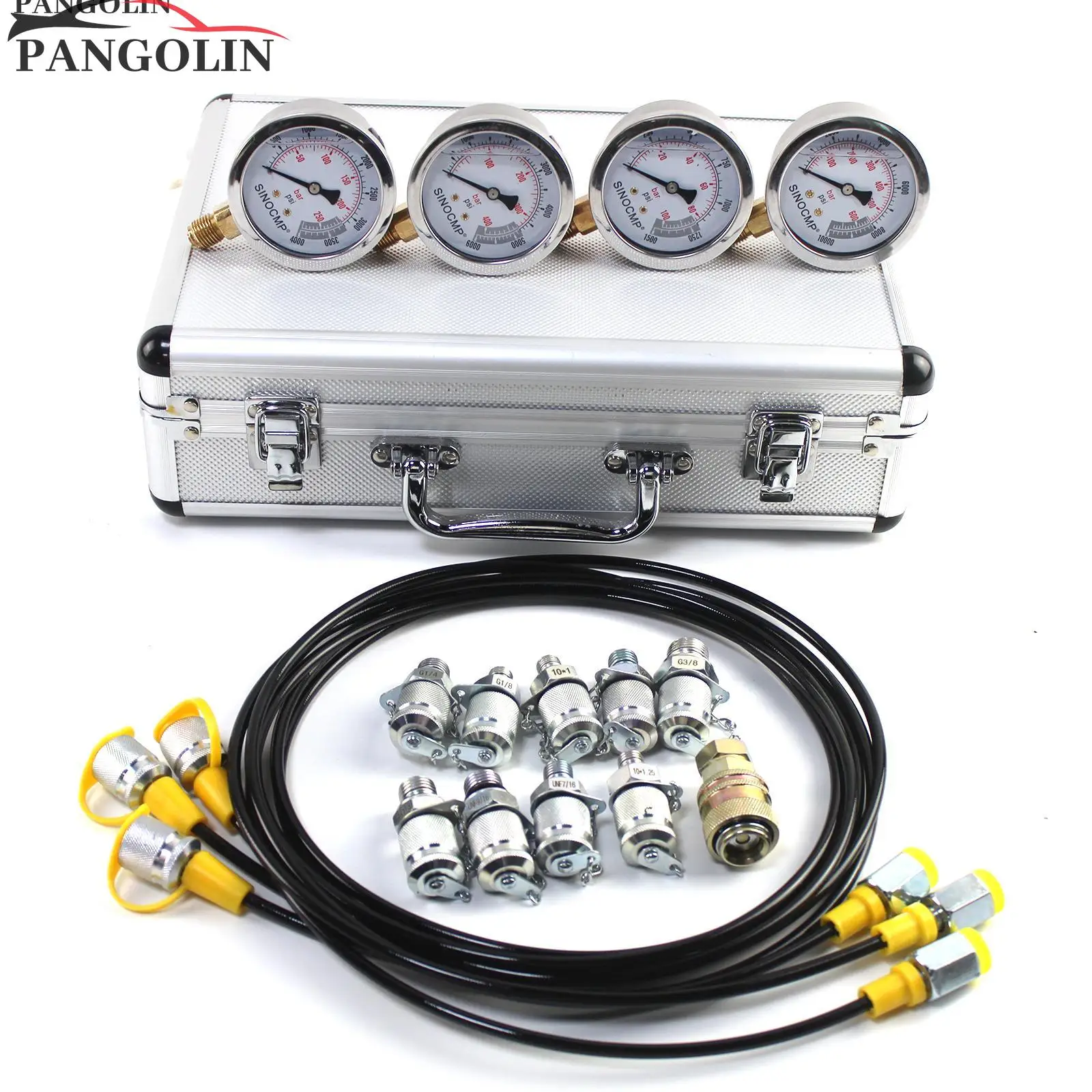 Hydraulic Pressure Test Gauge Kit w/ 4 Gauges 10/25/40/60Mpa & Silver Alloy Case Pressure Gauge Set for CAT Komatsu John Deere