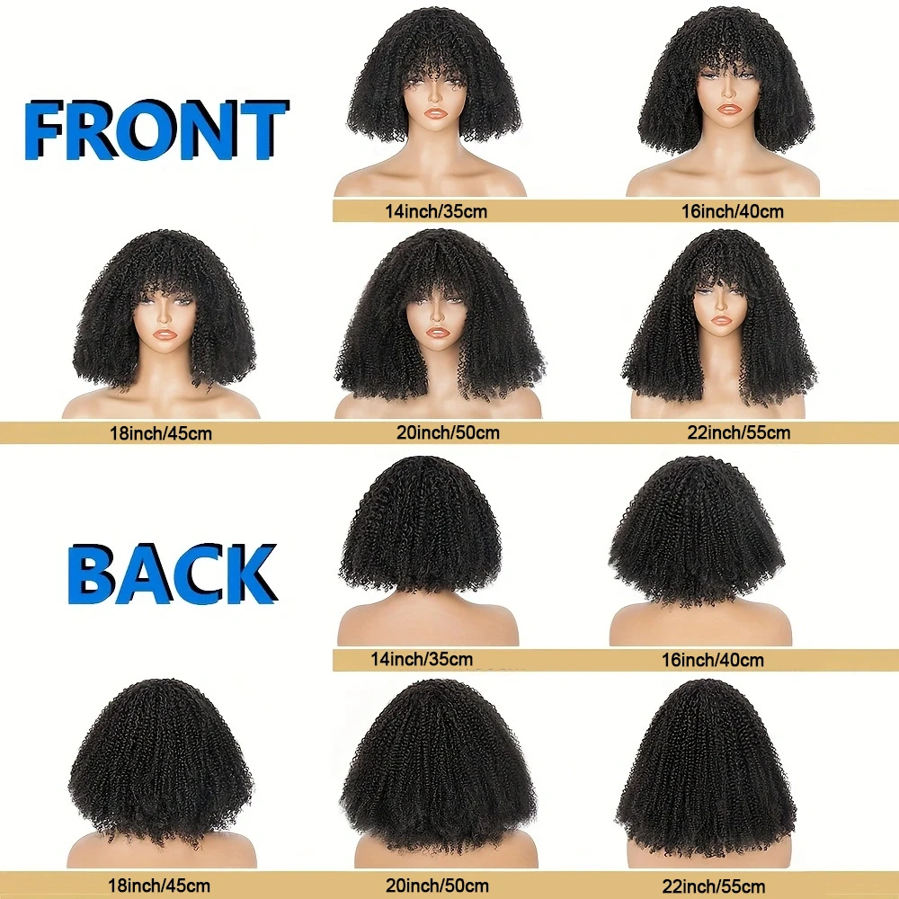 Pelucas de cabello humano rizado Afro con flequillo, cabello humano Remy de 200% de densidad, peluca sin pegamento, pelu