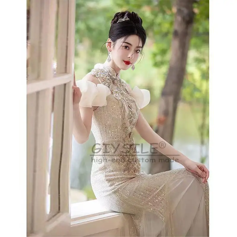 GIYSILE Customized Luxury Evening Dress 2025 New Fashion Sequined V-neck Zipper Back Heavy Industry Banquet Fishtail Dresses