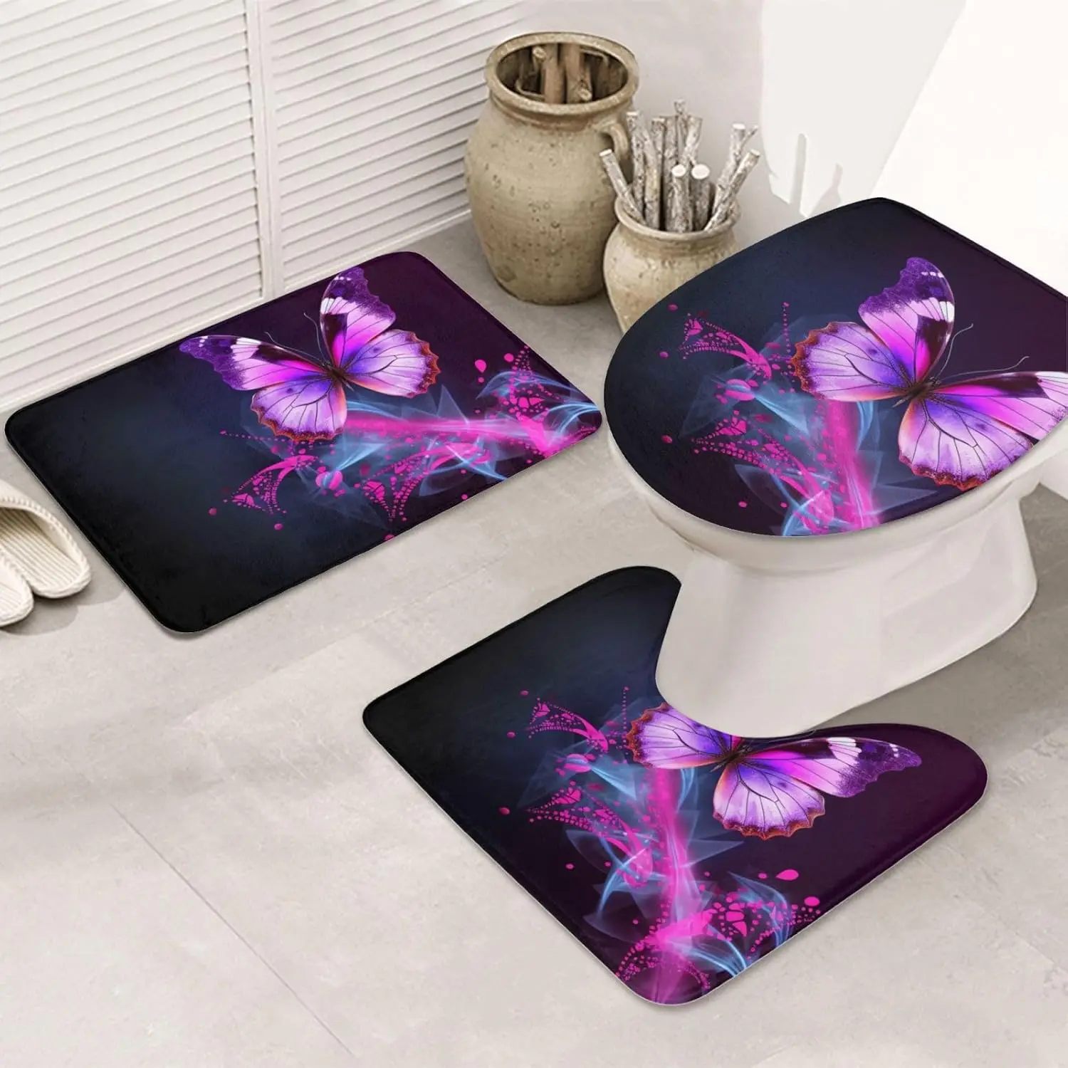 

Pink Purple Butterfly Bathroom Rugs Sets 3 Piece, Non Slip Absorbent Bath Rug U-Shaped Contour Toilet Rug with Toilet Cover