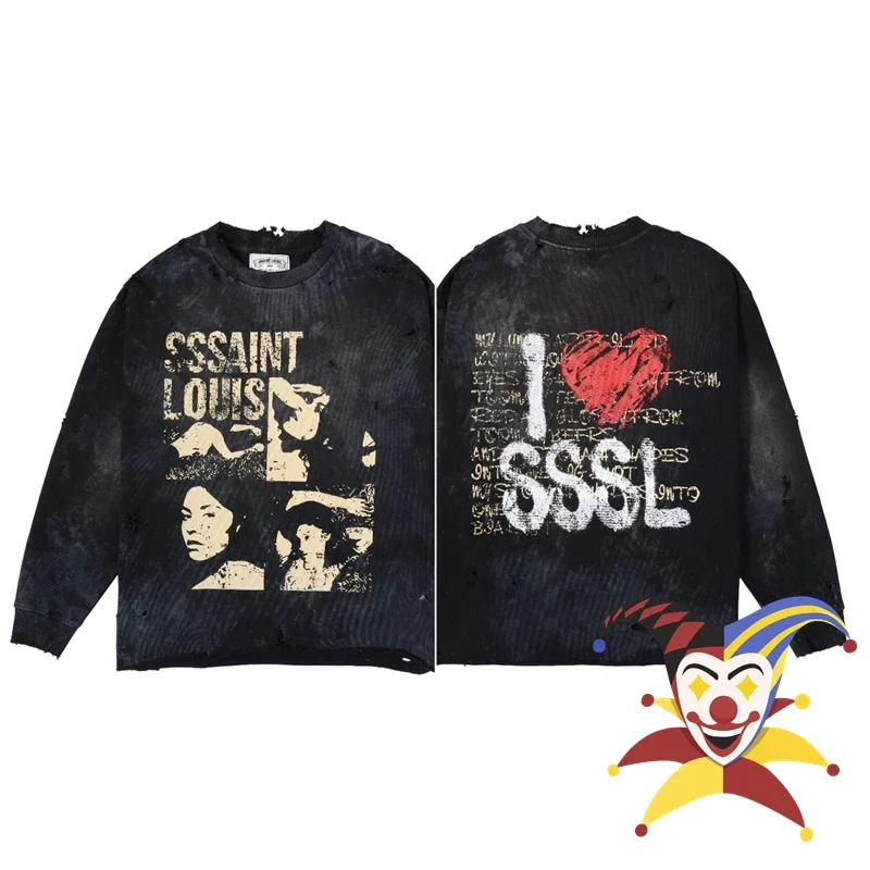 

Washed Saint Louis Long Sleeved T-Shirt Men Women T Shirt Portrait Love Graffiti Hole Tee Tops