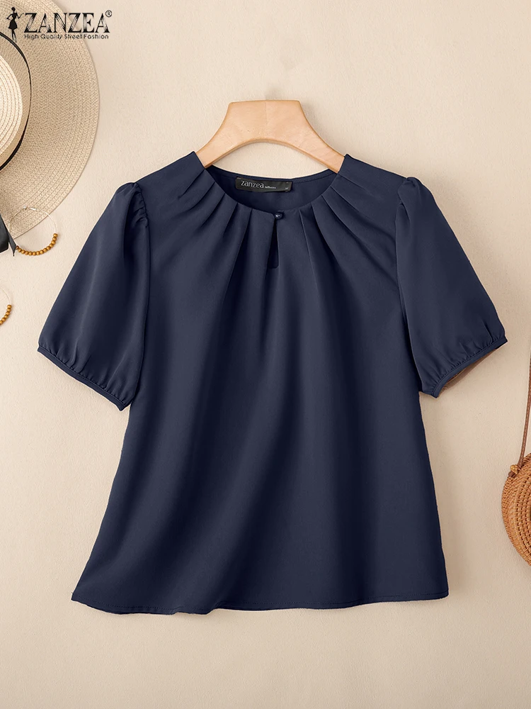 ZANZEA femmes Blouses élégantes plissé col rond trou de serrure décolleté manches courtes bouffantes couleur unie hauts usage quotidien 3 couleurs S-XXXL