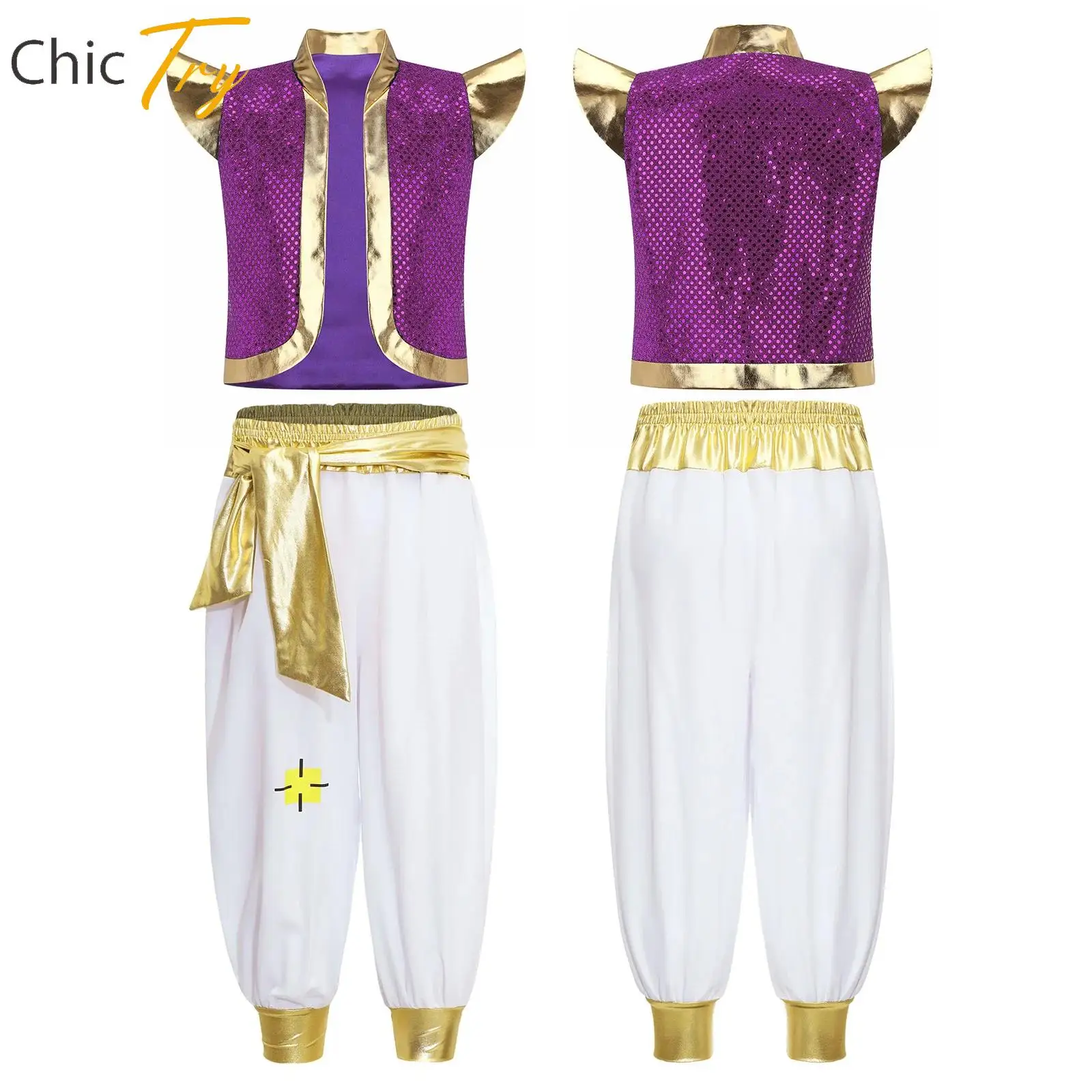 

Boys Festival Halloween Arabian Prince Cosplay Dress Up Open Front Vest Waistcoat with Pants Suit for Carnival Fancy Dress Party