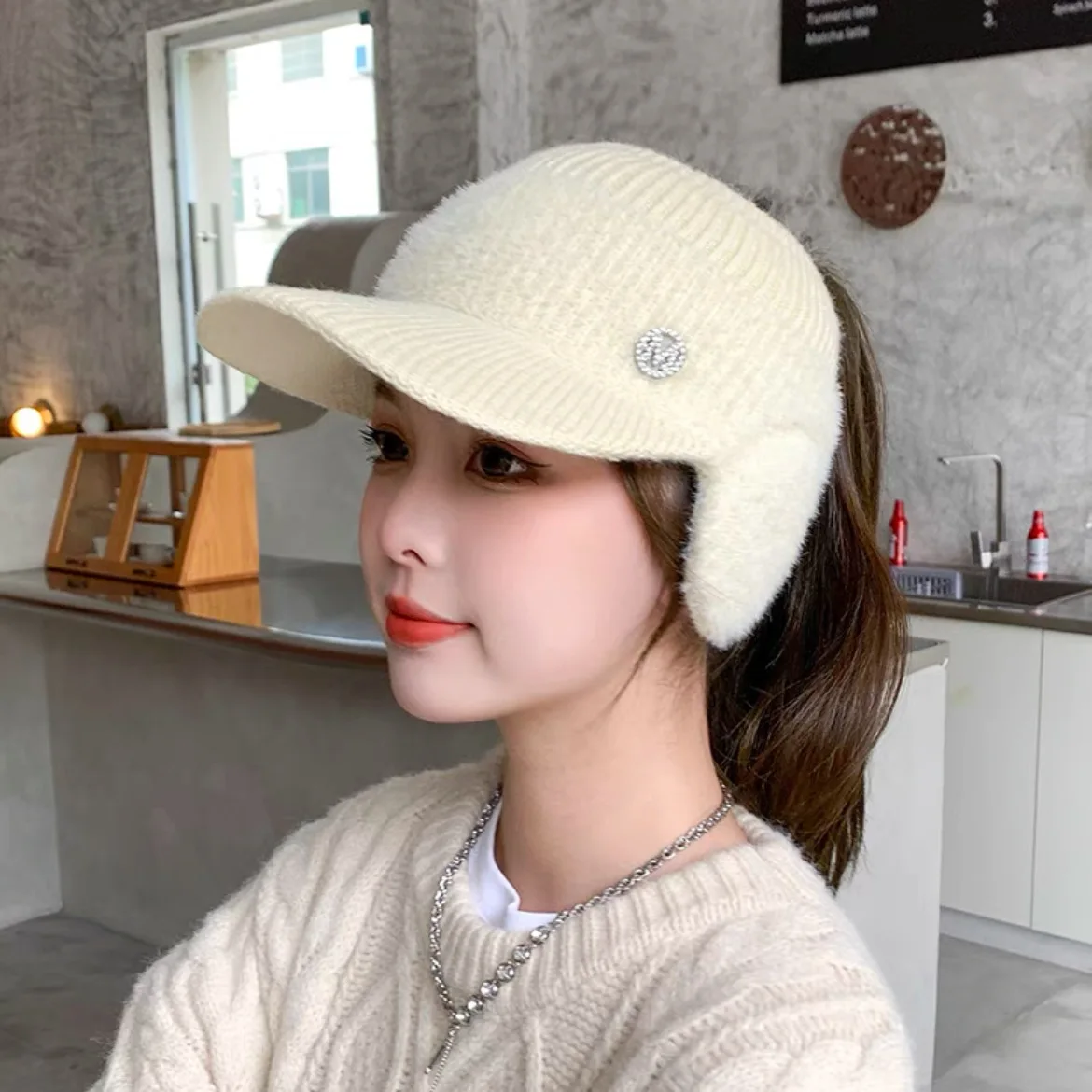 New Cool Women Warm Ponytail Earflaps Caps Hat Knitted Female Autumn Winter Lady Mom Baseball Cap Hat For Women