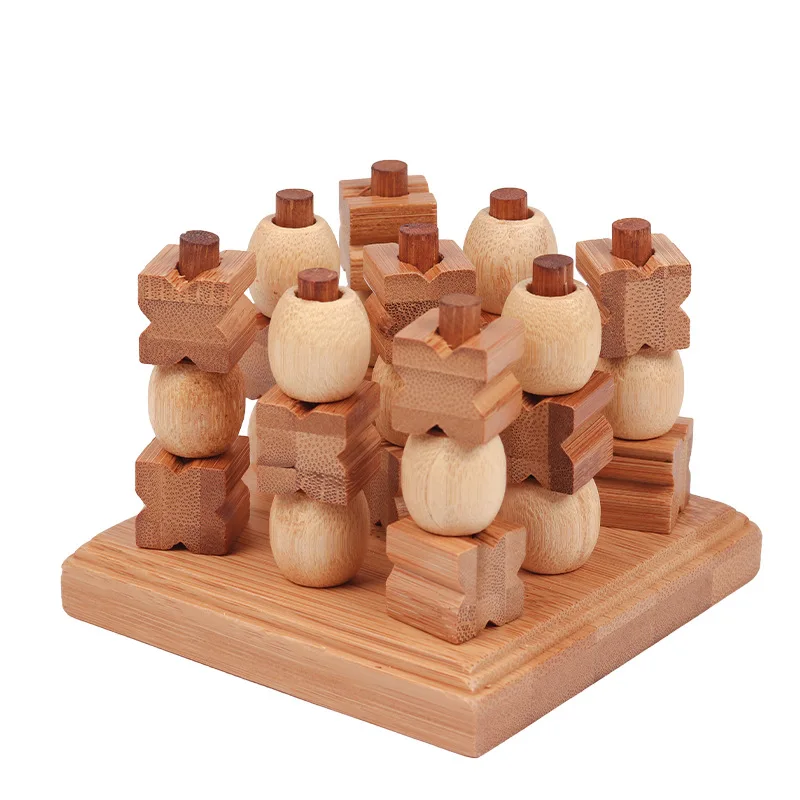 

New 3D XO Tic Tac Toe Bamboo Wooden Logic Educational IQ Puzzles Table Game for Two Players