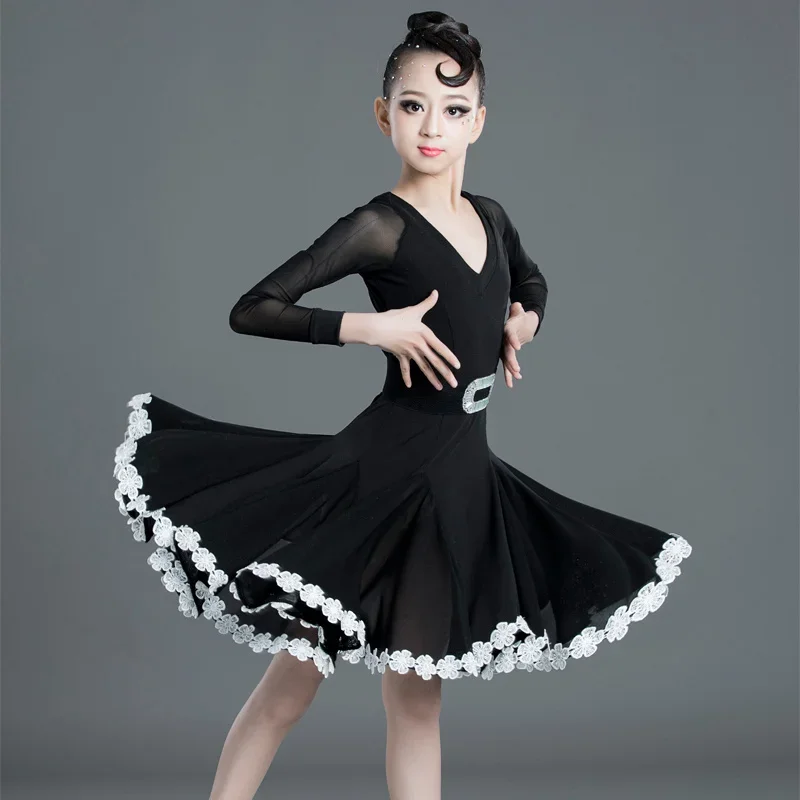 Robe de danse en dentelle pour enfants, robe latine sexy, robe en arête de poisson, robe de salsa tango, robe de salle de Rhpour filles, compétition de olympiques