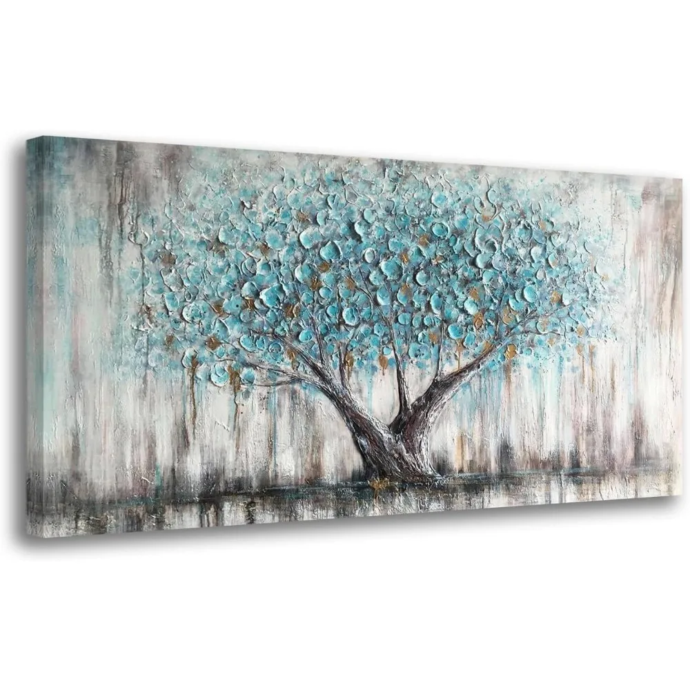

Wall Art Teal Blue Nature Tree of Life Abstract Canvas Painting Textured Picture, Modern Large Panoramic Landscape Artwork