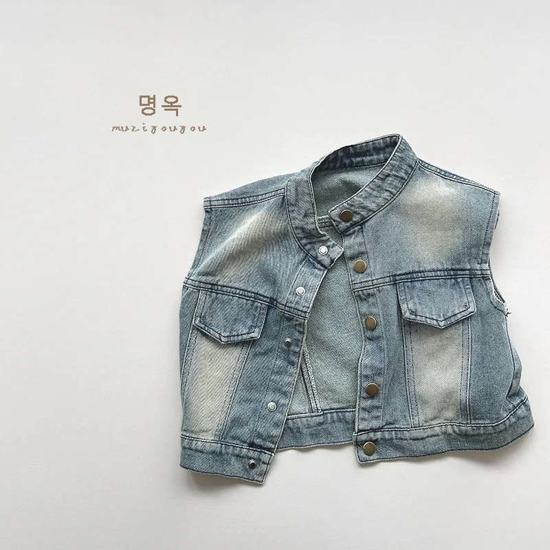 Spring New Children Vintage Denim Vest Jacket Toddler Boys Casual Versatile Tops Fashion Girls Sleeveless Vest Coat Kids Clothes