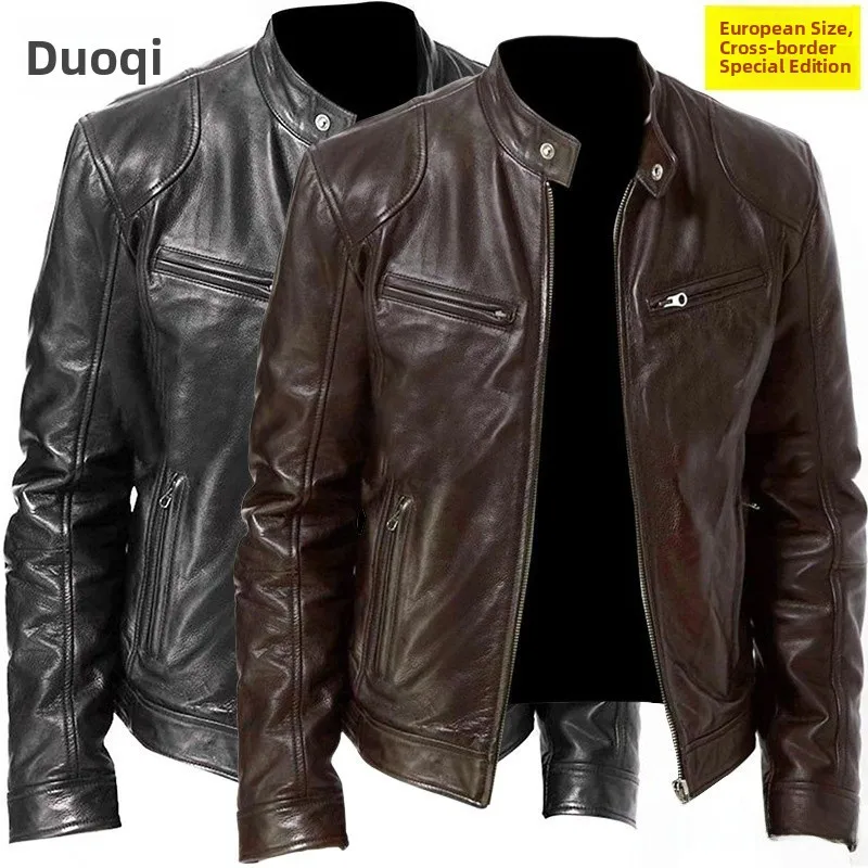 

Men's PU Leather Jaet Motorcycle Sle Stand Collar Zipper Casual Long Sve Polyester Fibre Large Size Spring Autumn