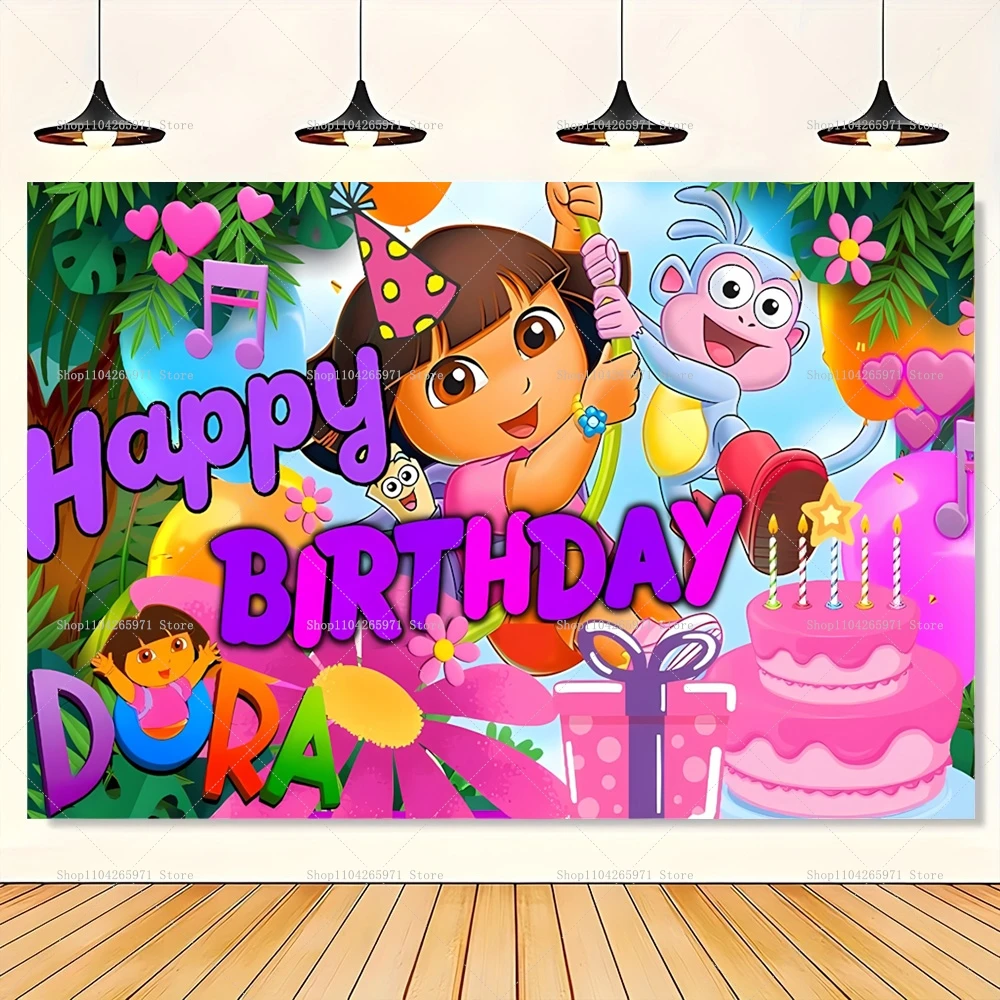 Fondo de Cumpleaños con Diseño de Dora la Exploradora, Tema de Aventuras, Decoración para Fiestas Infantiles, Niños y Niñas, Accesorios para Fotos
