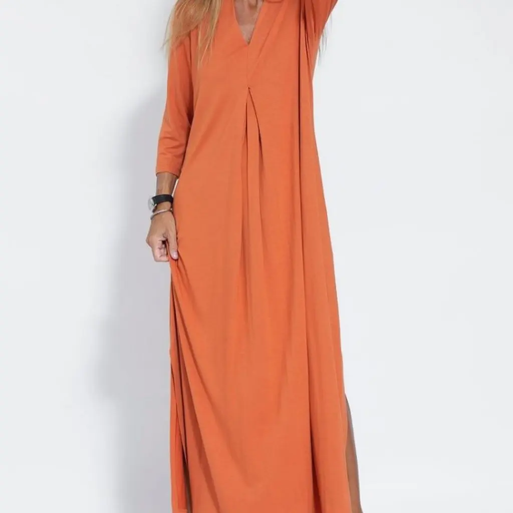 Women's V-neck Knitted Long Split Dress Solid Color European American Fashion Seven-point Sleeve Maxi Dress