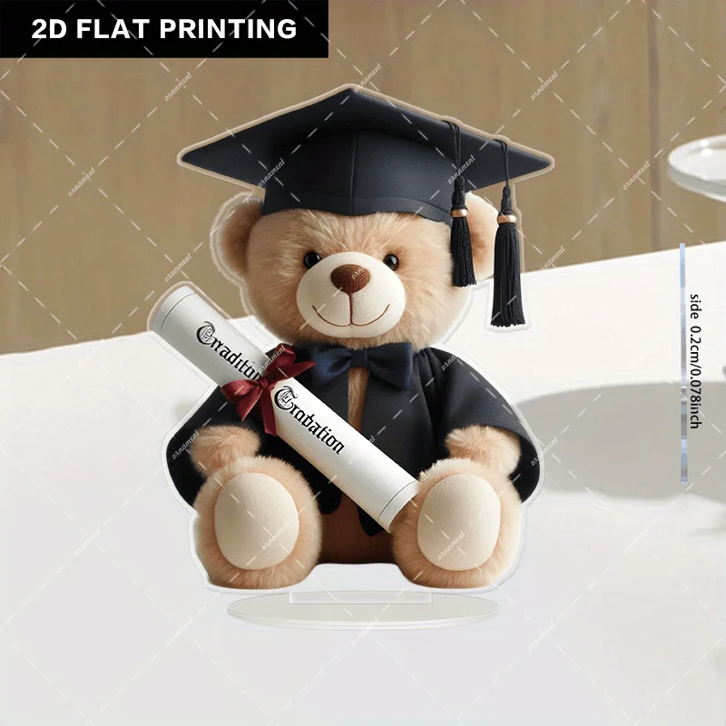 2D Flat Bohemian Style Graduation Teddy Bear with Hat And Diploma - Durable Desktop Decoration, Suitable for Graduation Party Gi