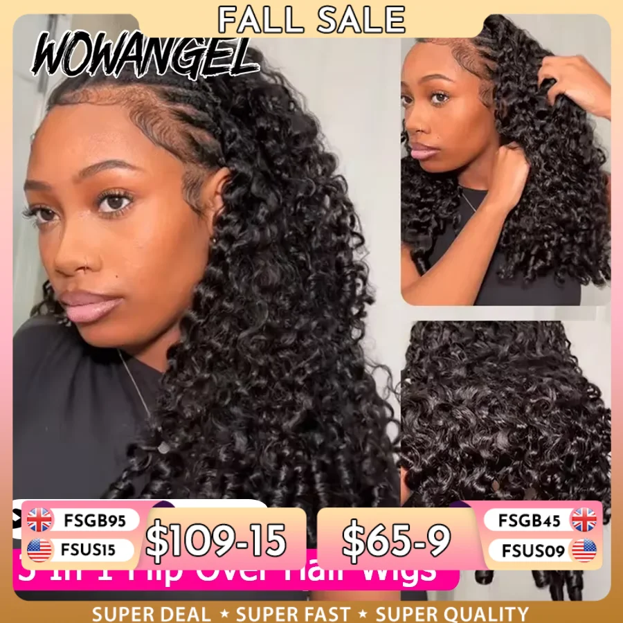Burmese Curly Flip Over Wigs 3 In 1 Wear Go Glueless Half Wig Human Hair with Drawstring Spiral End Seamless 250% Curly Hair