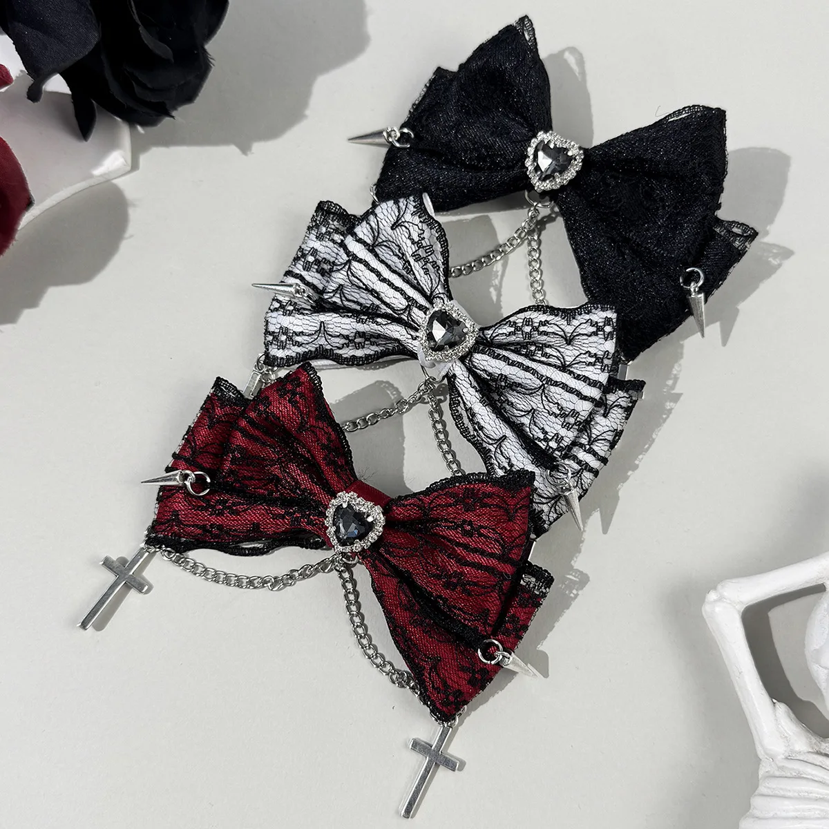 24pc Gothic Heart-Shaped Cross Lace Embroidered Bow Hair Clips for Women Fashionable Side Hair Grips Bulk Pack Hair Accessories