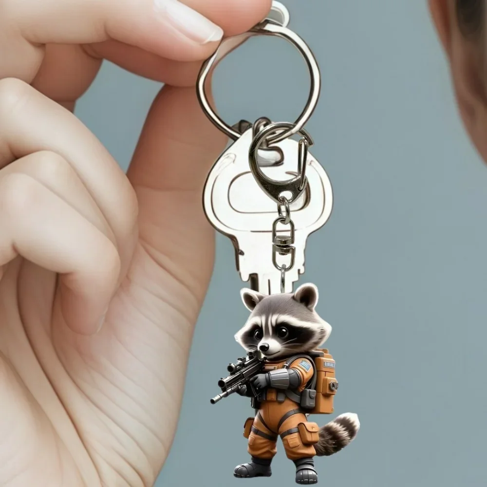 2D Cute Raccoon Soldier Keychain Cartoon Animal Themed Pendant Flat Acrylic Hanging Charm for Backpacks Bags Festive Gifts Decor
