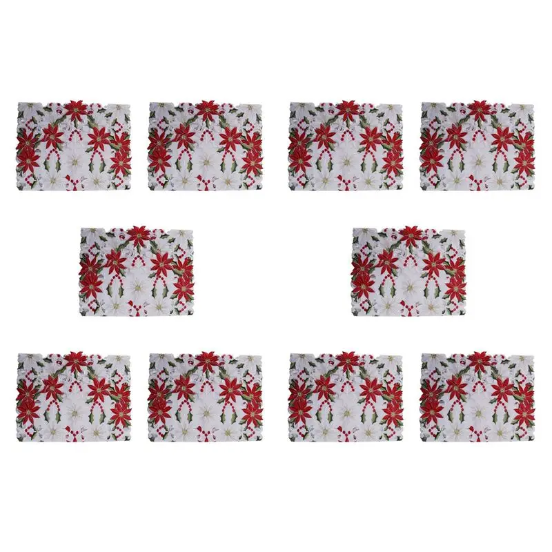 ABKW-10X Christmas Embroidered Table Runner, Luxury Holly Poinsettia Table Runner For Christmas Decorations, 15 X 70 Inch