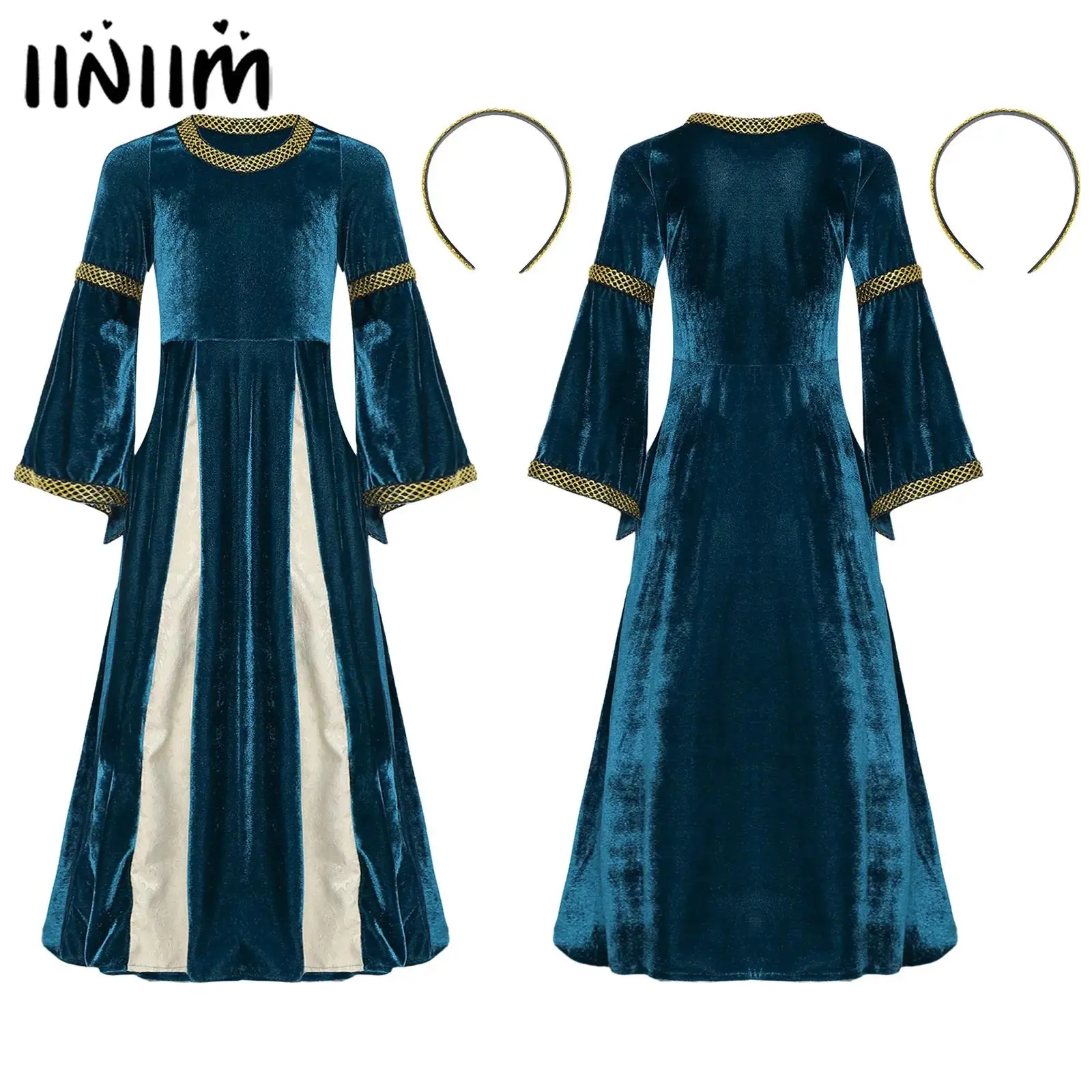 

Kids Medieval Renaissance Court Queen Royal Noble Princess Role Play Performance Velvet Dress with Headpiece Halloween Carnival