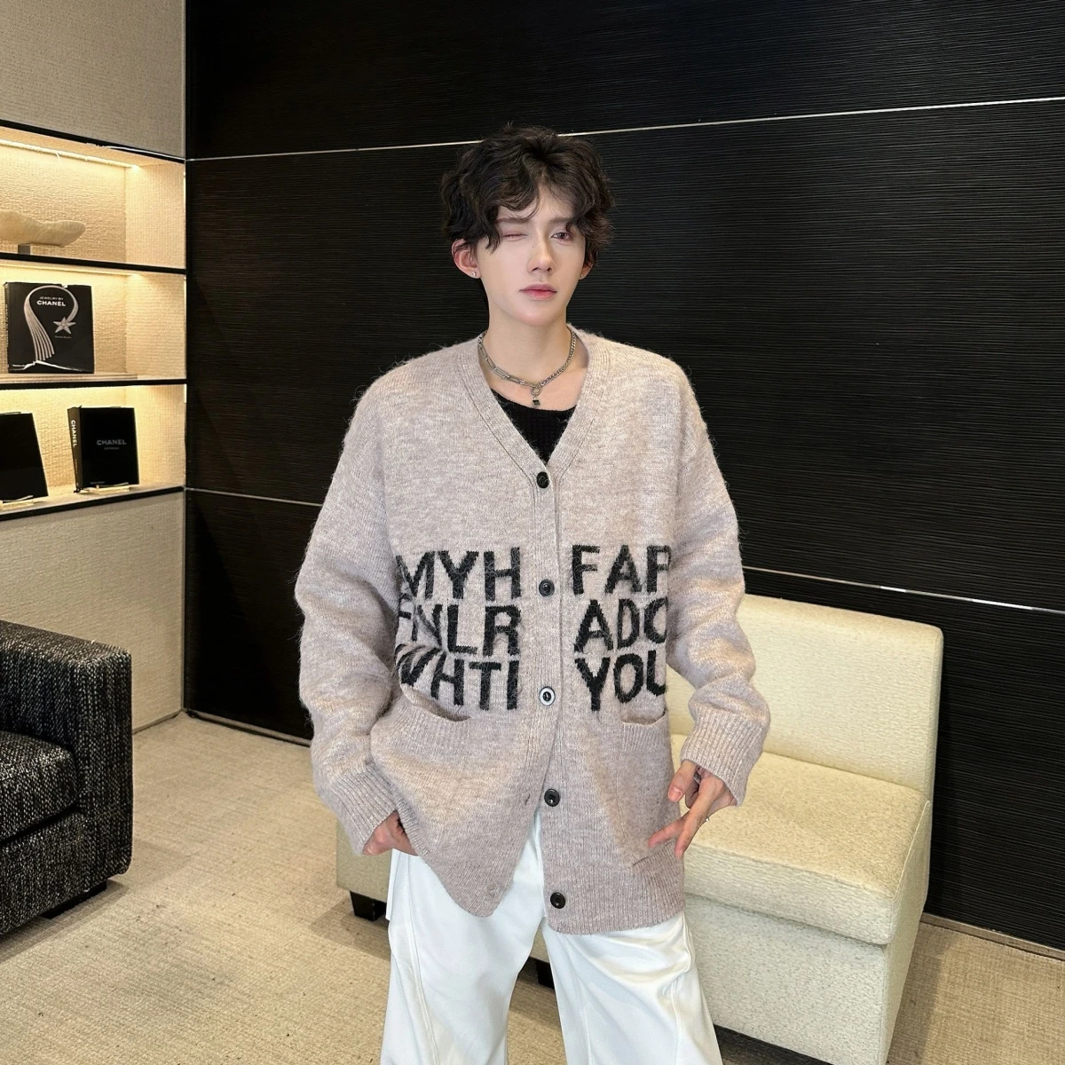 Cappotto maglione lavorato a maglia con motivo a lettera morbido e accogliente per donna Uomo Lazy Sle Autunno Inverno Fibra di poliestere di alta qualità V-Ne Lungo...