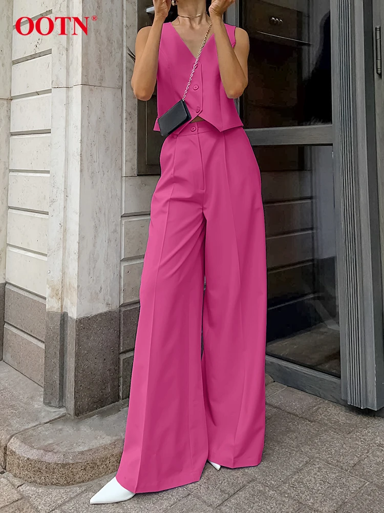 OOTN Elegant Black Long Pants Suits Women 2024 Fashion Office Lady V-Neck Slim Crop Tops Summer Pink Loose Pants Sets 2 Pieces