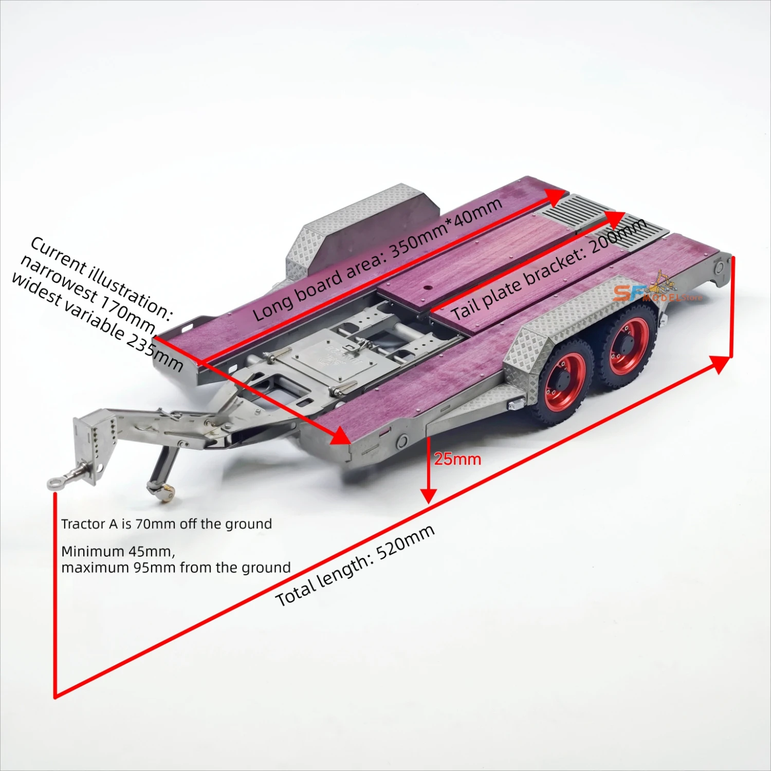 Multi-functional Flatbed Trailer with Dual-axle Adjustable Metal Trailer Suitable for 1/14 JDM 914 Excavator Climbing Truck