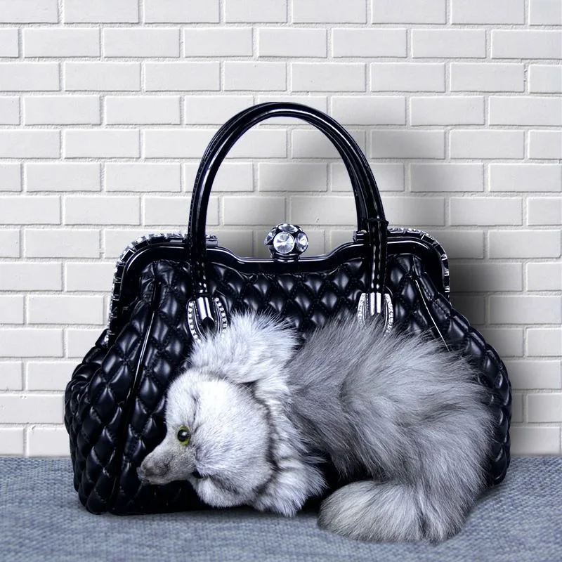 Original Design Fox Echtpelz Handtasche mit Diamant Schulter Umhängetaschen für Frauen Heißer Verkauf – Detail 9