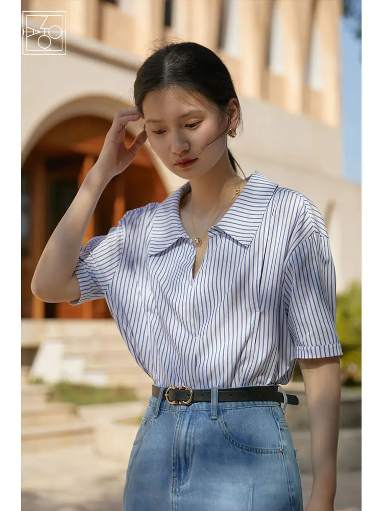 ZIQIAO Japanese Lapel Collar Short Drop Sleeve Blouses Slit Design Office Lady Solid Summer Top Commuter Casual Slim Shirts