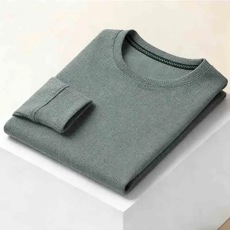Plus Size Men's Camel Crew Neck Long Sleeve Knit Shirt Loose Fit Comfortable Casual Top for All Body Types