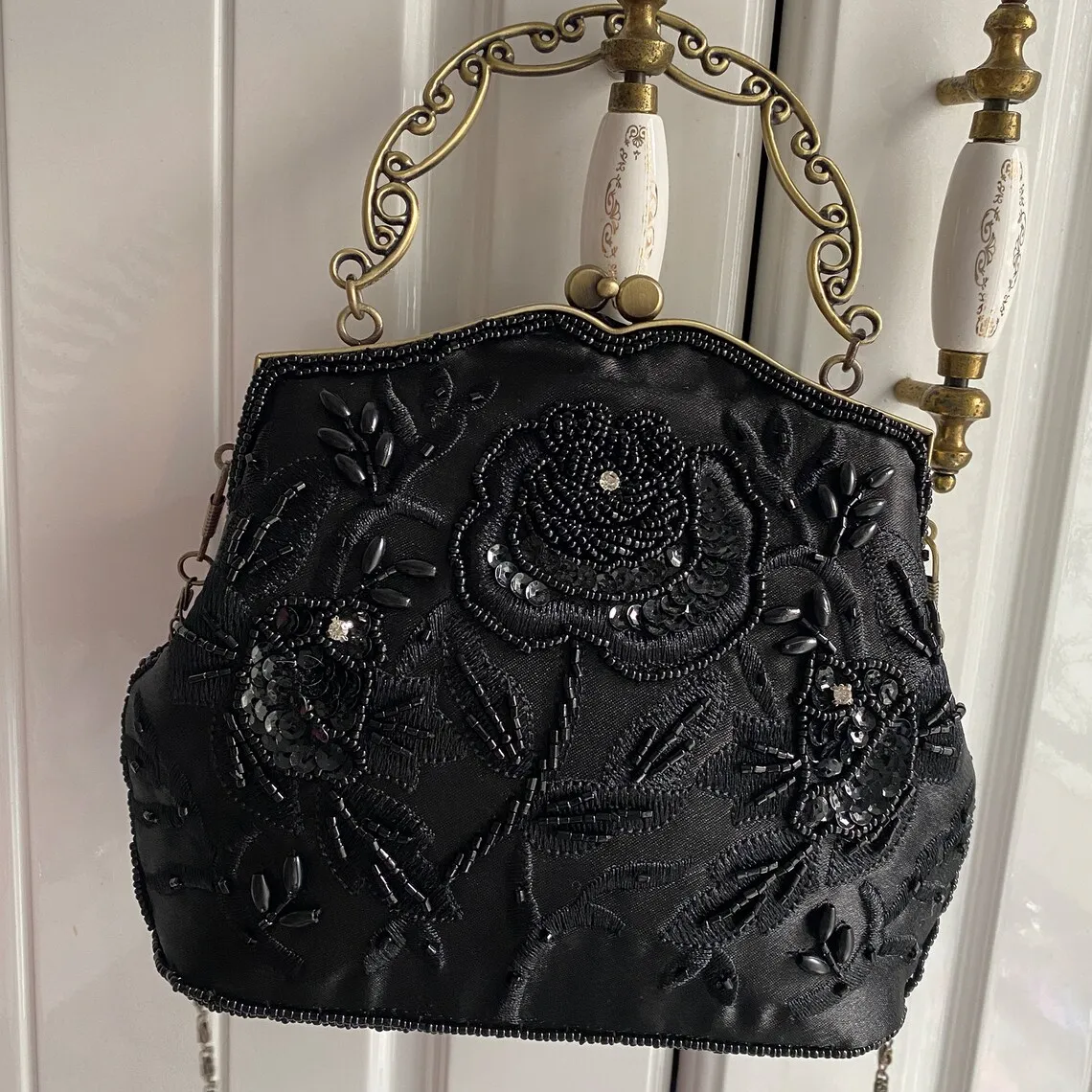 Lost in Vintage Evening Bag Decorated with Handmade Beads Floral Patterns Sequins Rhinestones Clutch Purse Detachable Chains