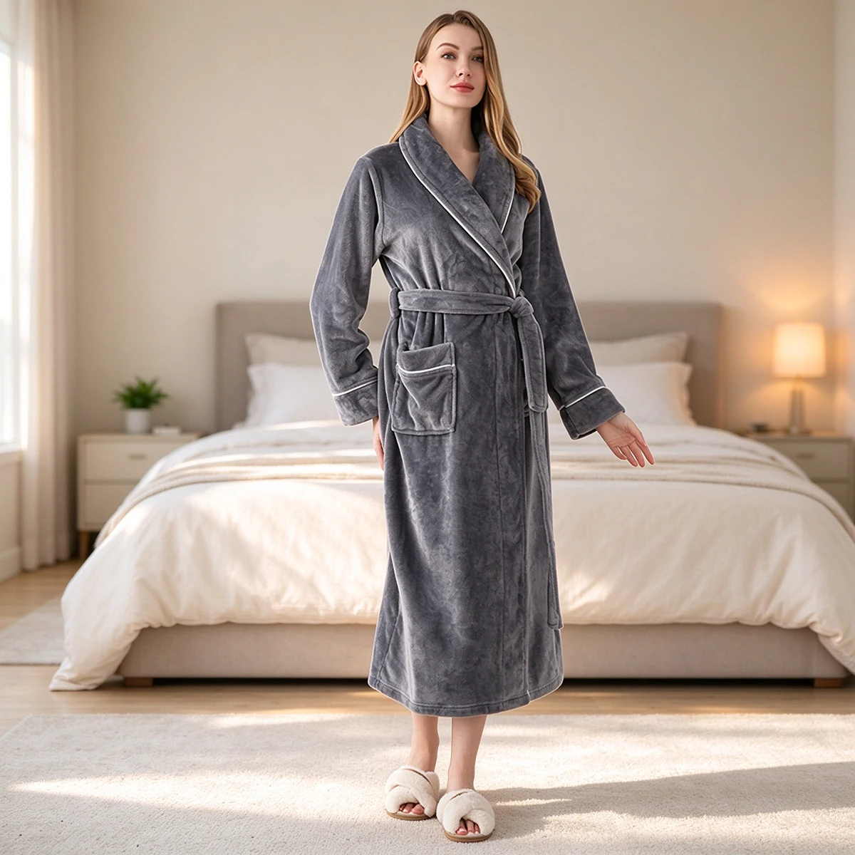 Paar-Bademantel für Damen und Herren, Flanell-Fleece-Morgenmantel, dicker, warmer Plüschmantel mit Schalkragen und Gürtel, Winter-Schlafanzug, Loungewear – Detail 14