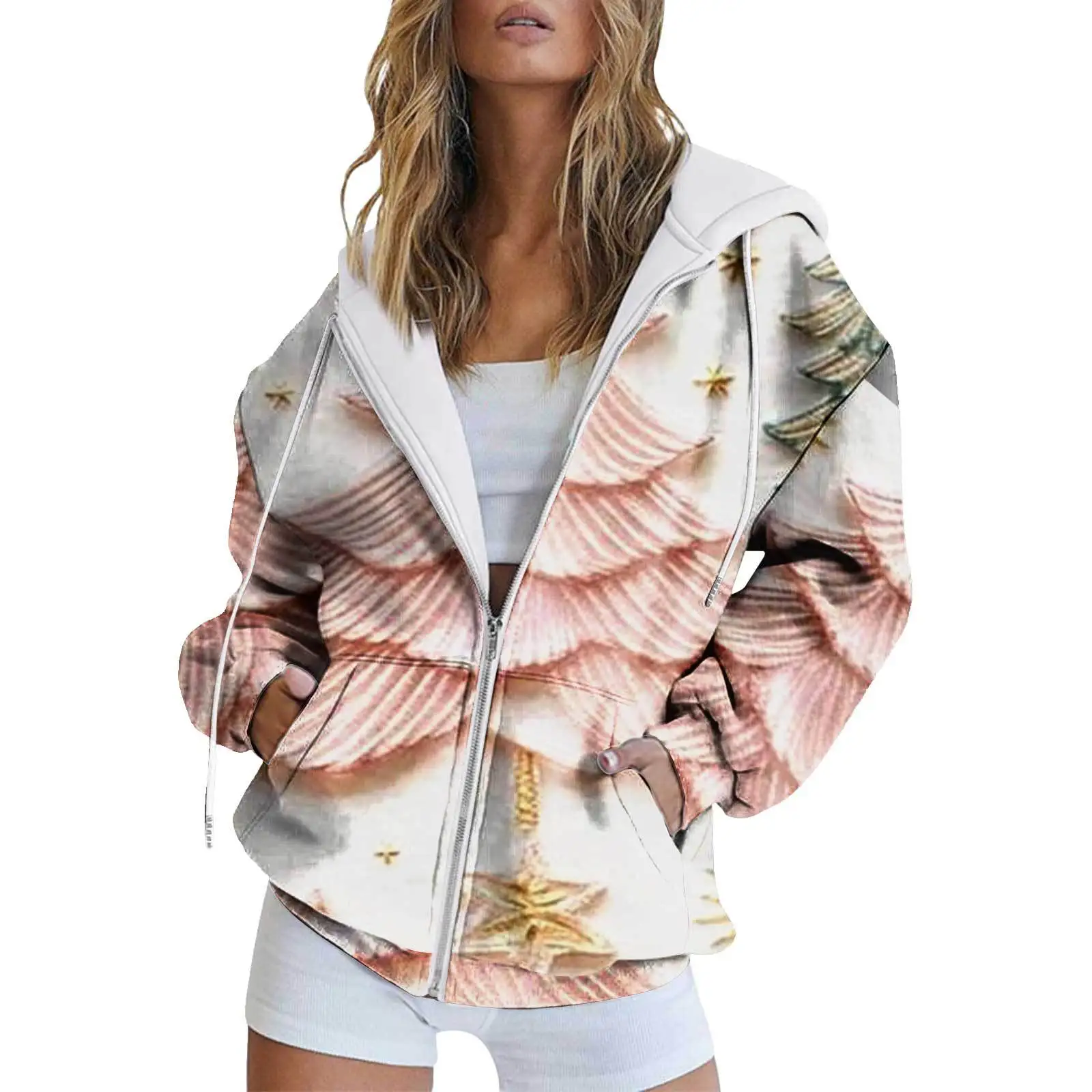 Light Colored Zipper Women's Christmas Element Pattern Cross-Border Long Sleeved Casual Jacket For DropshippingMC4