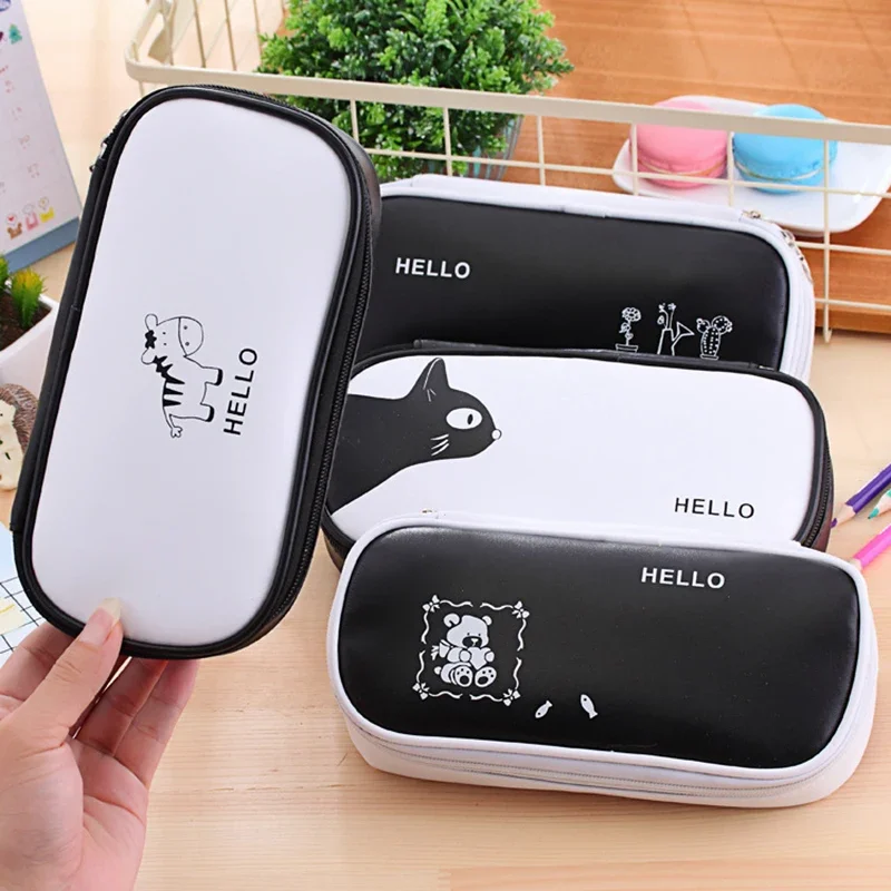 Simple Style Plant Pattern Black PU Leather Waterproof Pencil Bags Large Capacity Zipper Pencil Pouch School Stationery Storage
