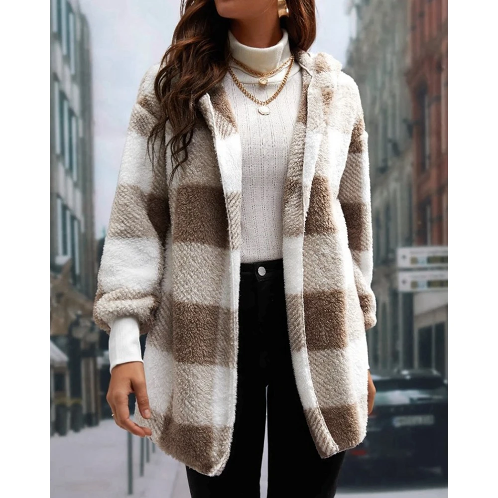 

Autumn Women Plaid Print Fluffy Hooded Longline Coat Shacket Femme Long Sleeve Overcoat Elegant Casual Open Front Outfits