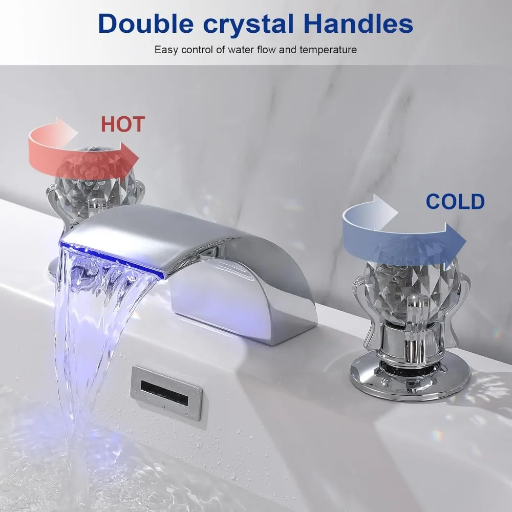 Keran Wastafel Kamar Mandi dengan Lampu LED, Fitur Air Terjun 3 Warna yang Berubah, dan Pegangan Kristal Ganda, Keran Mixer untuk 3 Lubang