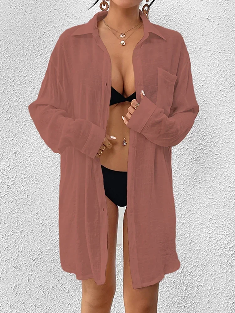 2025 neue Strand-Vertuschungen für Damen, Bikini-Vertuschung, einreihige Tasche, einfache Langarm-Sommermode, Hemdkleid, Strandmode