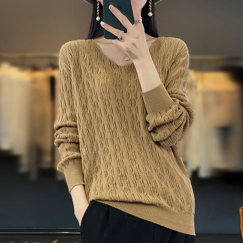 Autumn New Women 100% Pure Cotton Soft Sweater V-neck 3D Jacquard Hollowed out Pullover Loose Fashion Knitwear Casual Base Top