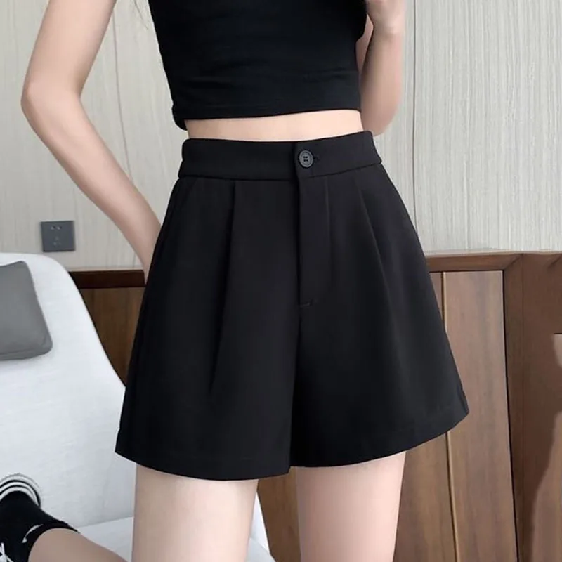 Summer Black Suit Shorts Woman Korean Style High Waist A-Line Office Ladies Short Pants All-Match Casual Loose Wide Leg Shorts