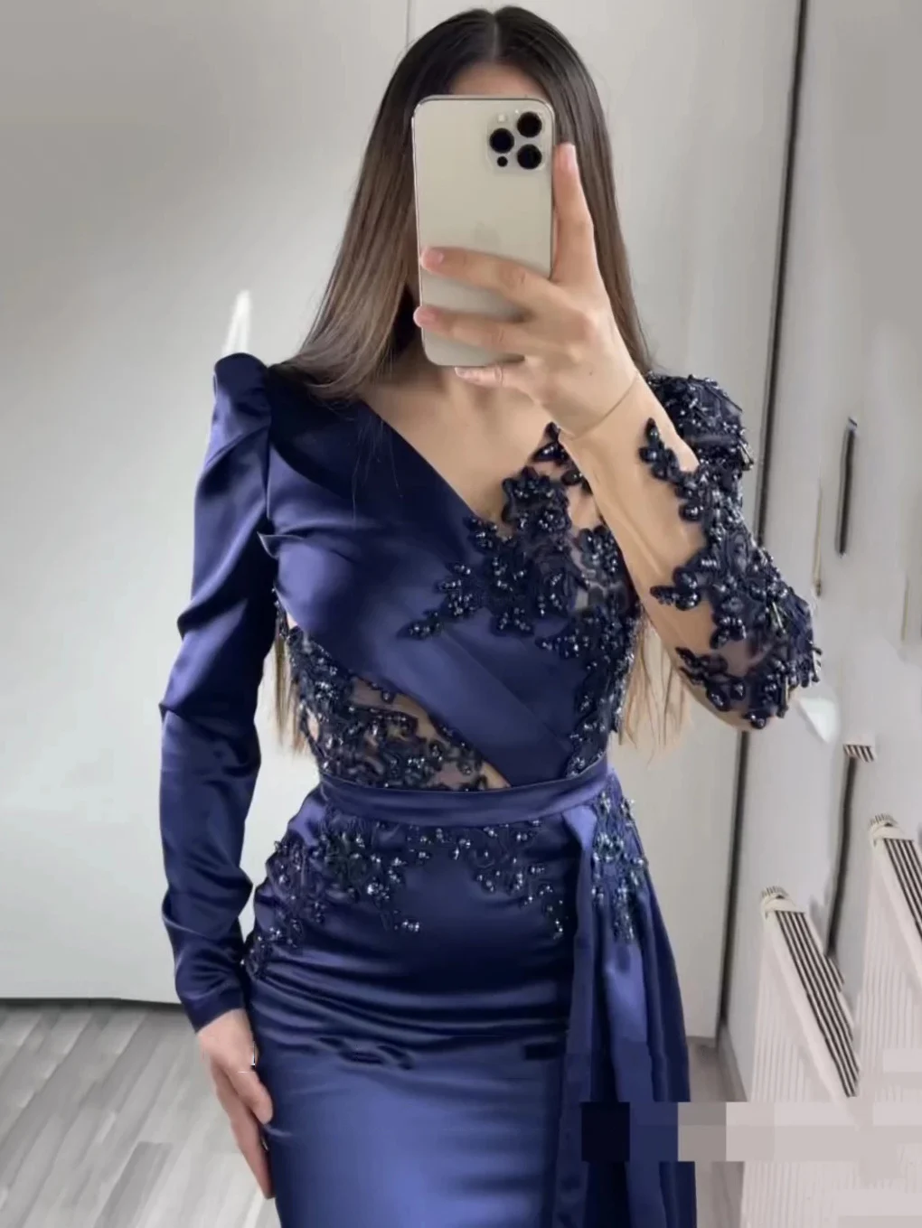 Long Sleeve Evening Dress 2024 Sparkly Beading Elegant Mermaid Navy Blue Satin Dubai Women Formal Party Evening Gown Customized